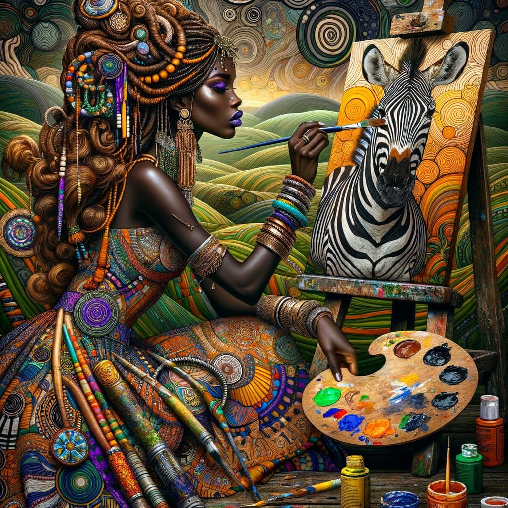 African Woman Paints Zebra: Art Nouveau Style