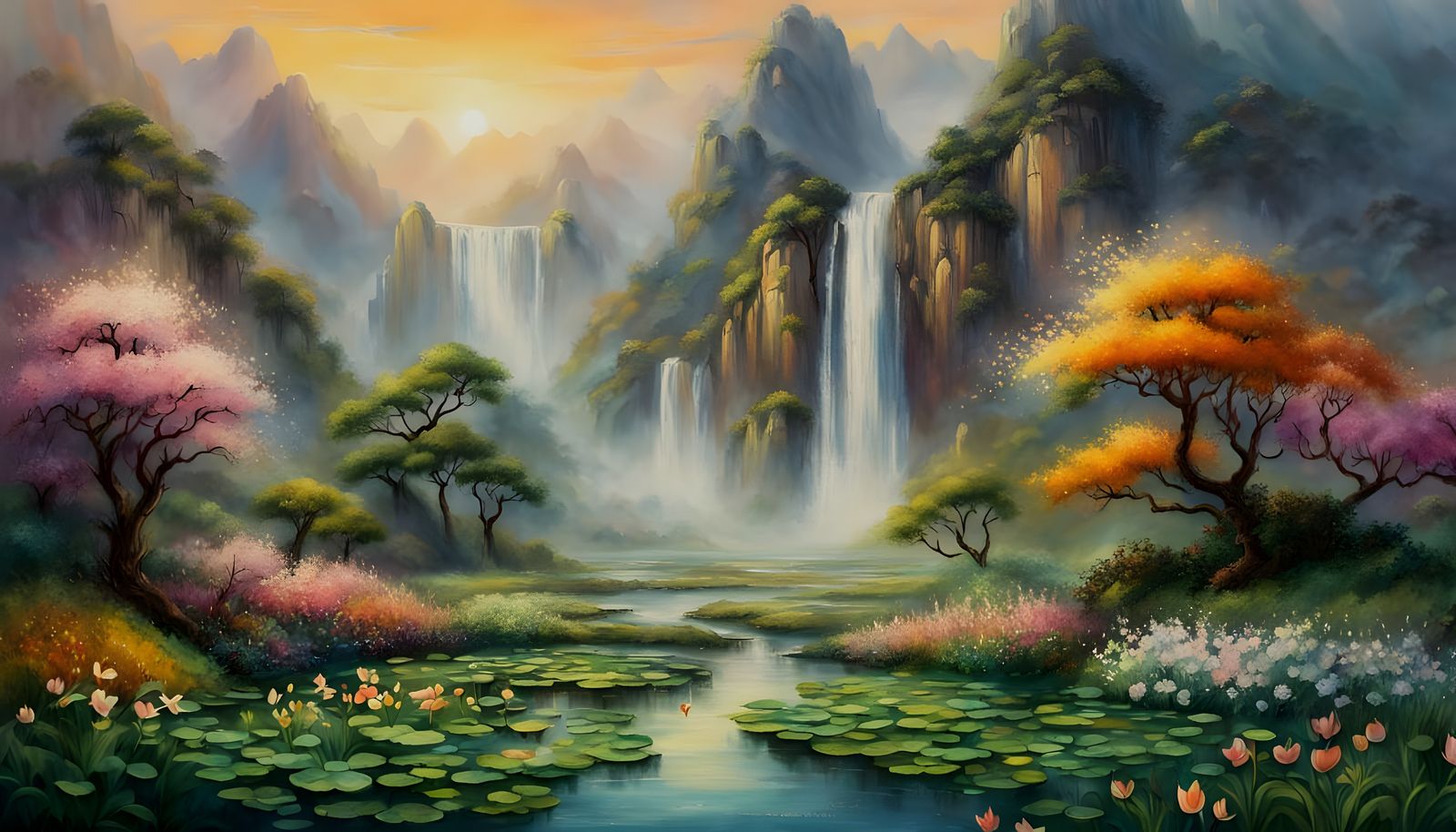Whimsical Springtime Mountain Waterfall at Sunset