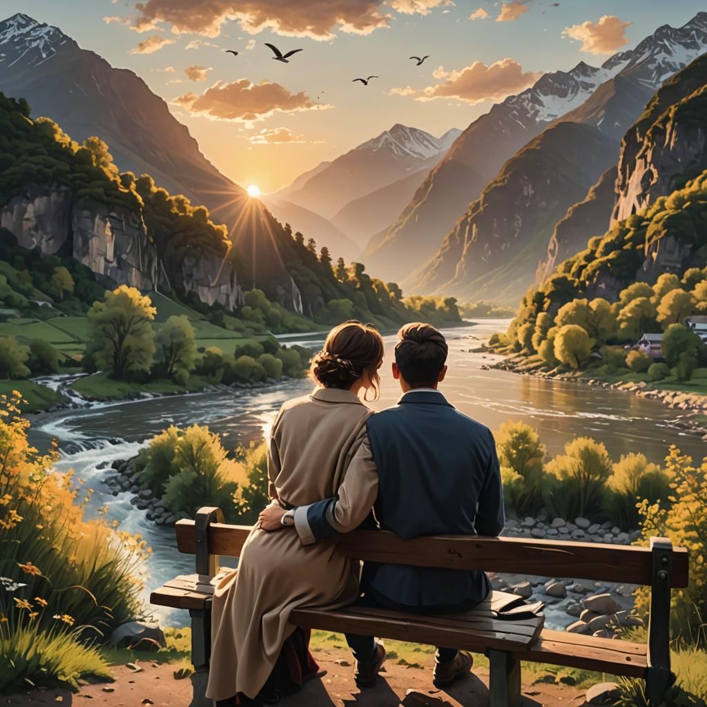 Couple Watching Sunset by River