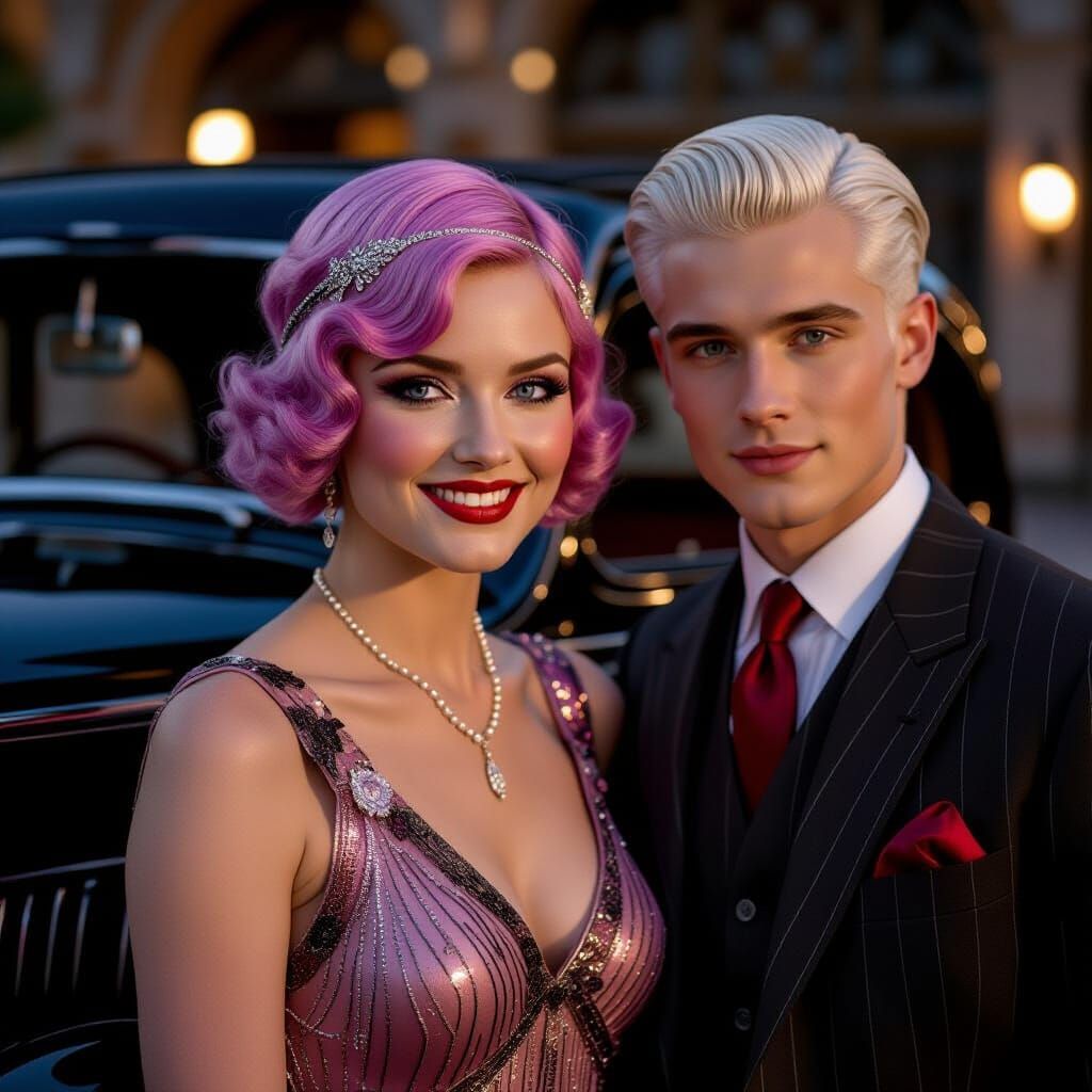 1920s Couple Poses by Vintage Car in Art Deco Style