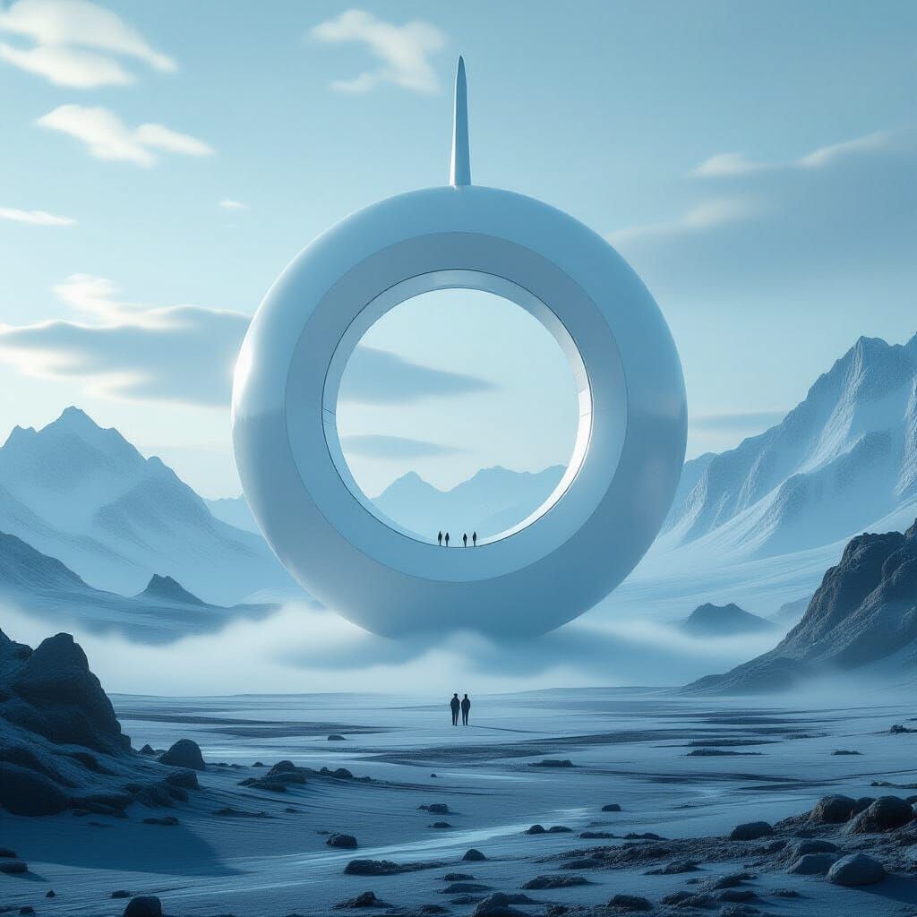 Minimalist Sci-Fi Torus Over Alien Landscape