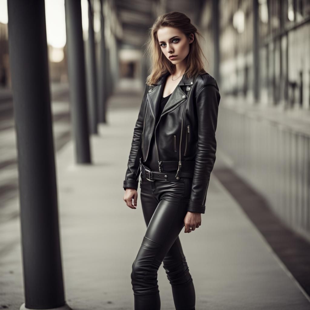 Hyperrealistic Portrait of Woman in Leather Outfit