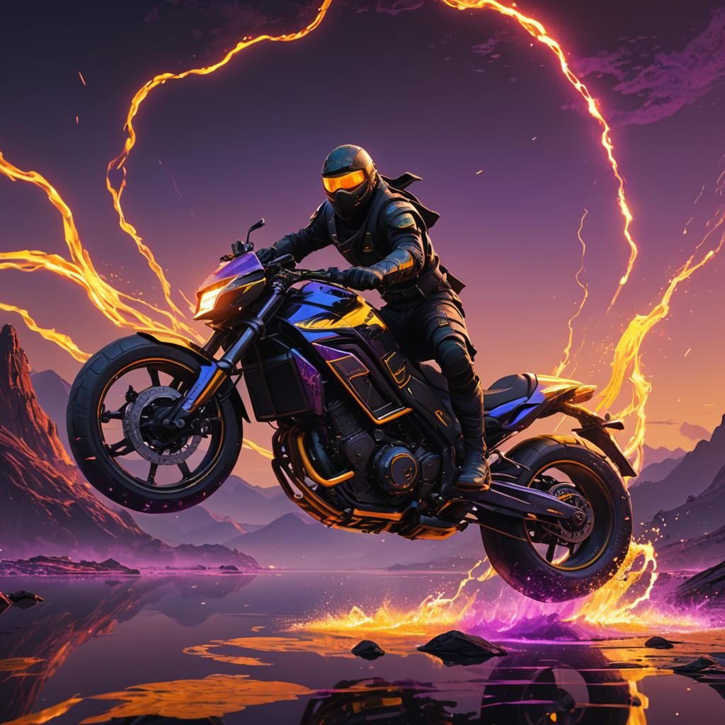 Futuristic Ninja on Flying Motorcycle Concept Art