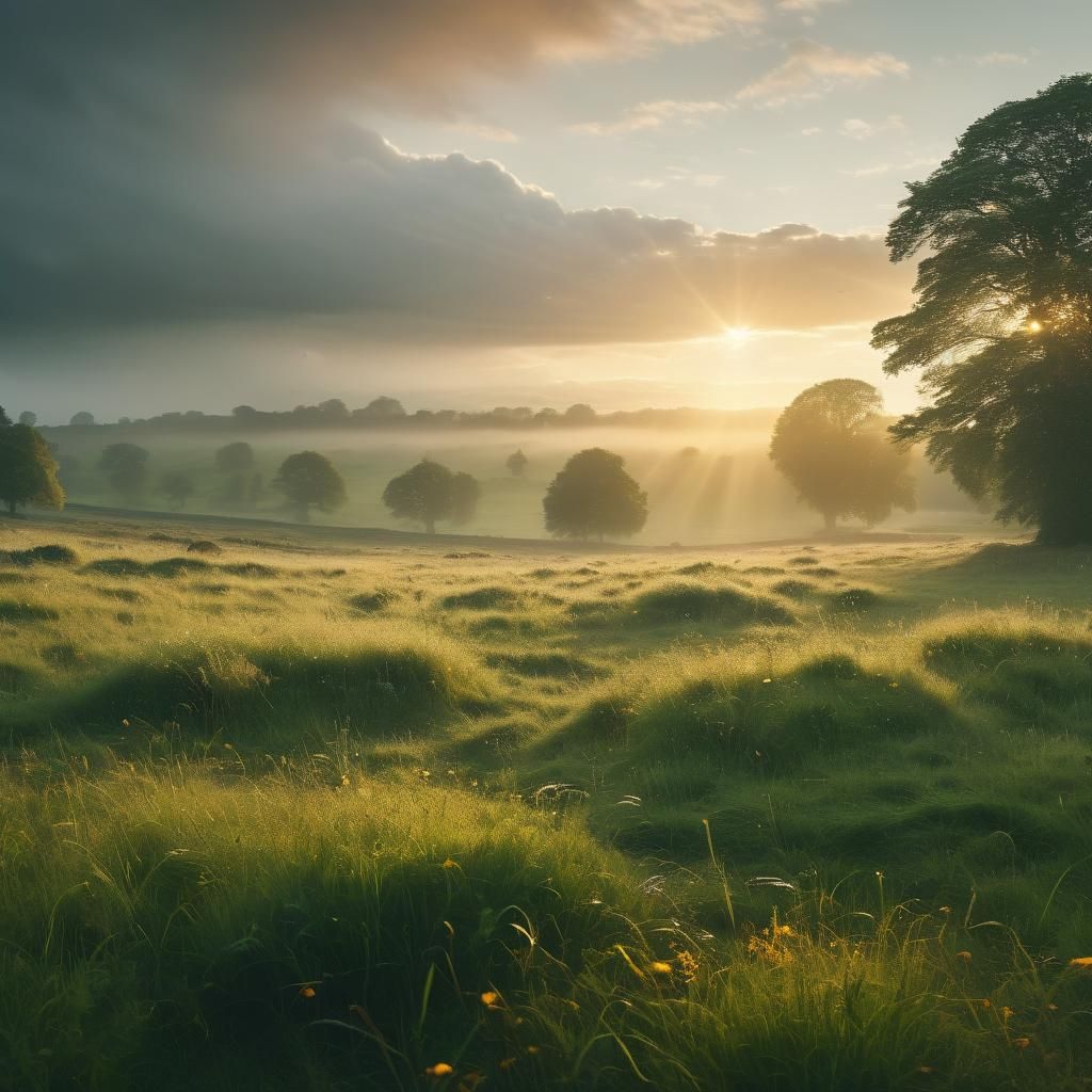 Sunrise Over English Meadow: Cinematic Film Still
