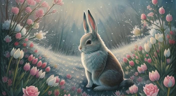 Rabbit in Snowy Meadow: Low-Poly Digital Watercolor