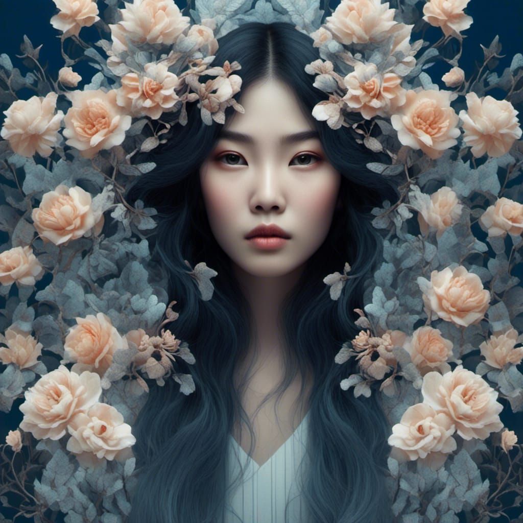 East Asian Woman in Van Gogh Style Digital Portrait