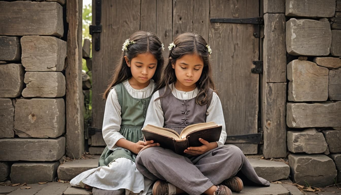 Two Girls in Prayerful Contemplation by Stone Gate