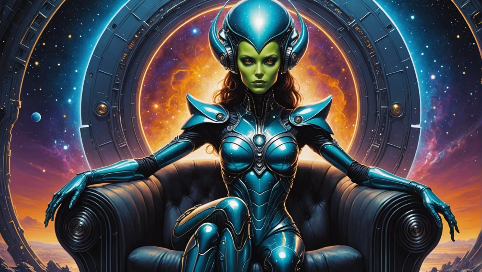 Futuristic Alien Queen on Cosmic Throne