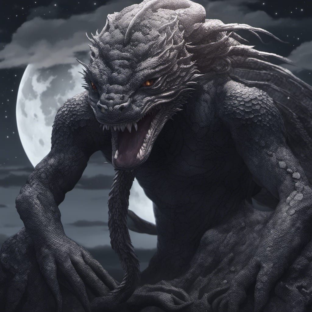 Naga on Beach Under Full Moon in Anime Style