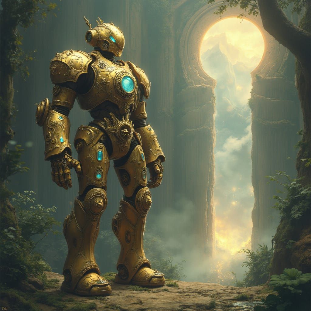 Brass Golem Guarding Portal, Art Nouveau Style