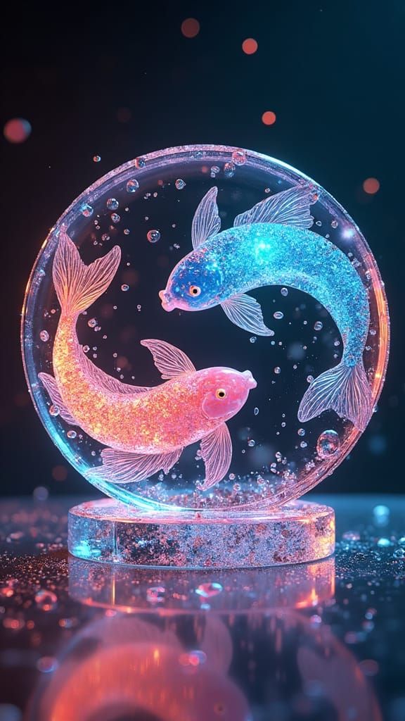 Glowing Crystal Yin Yang Sculpture with Koi Fish