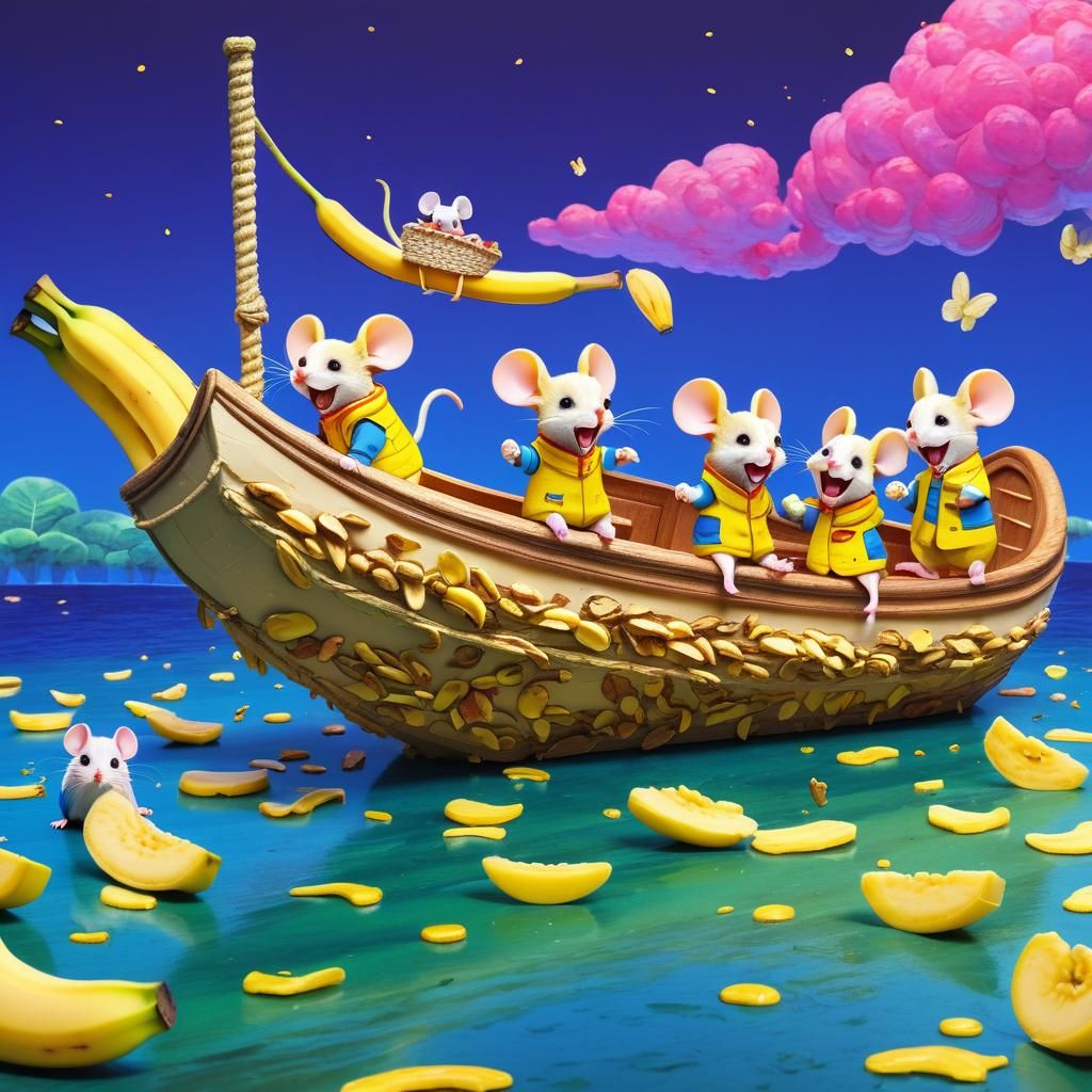 (a banana-elaborated boat:1.2), like impasto with banana pee...
