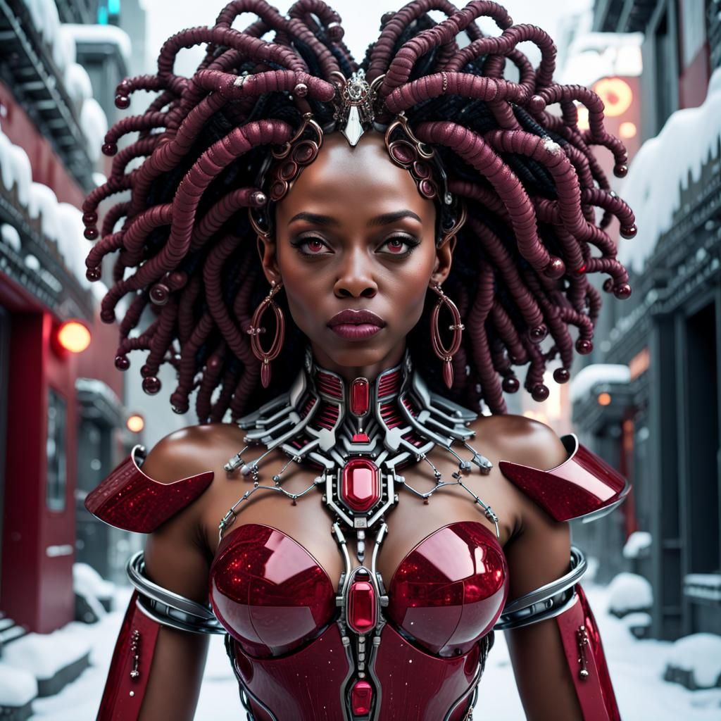 Biomechanical African Snow Goddess Android in Sci-Fi Setting