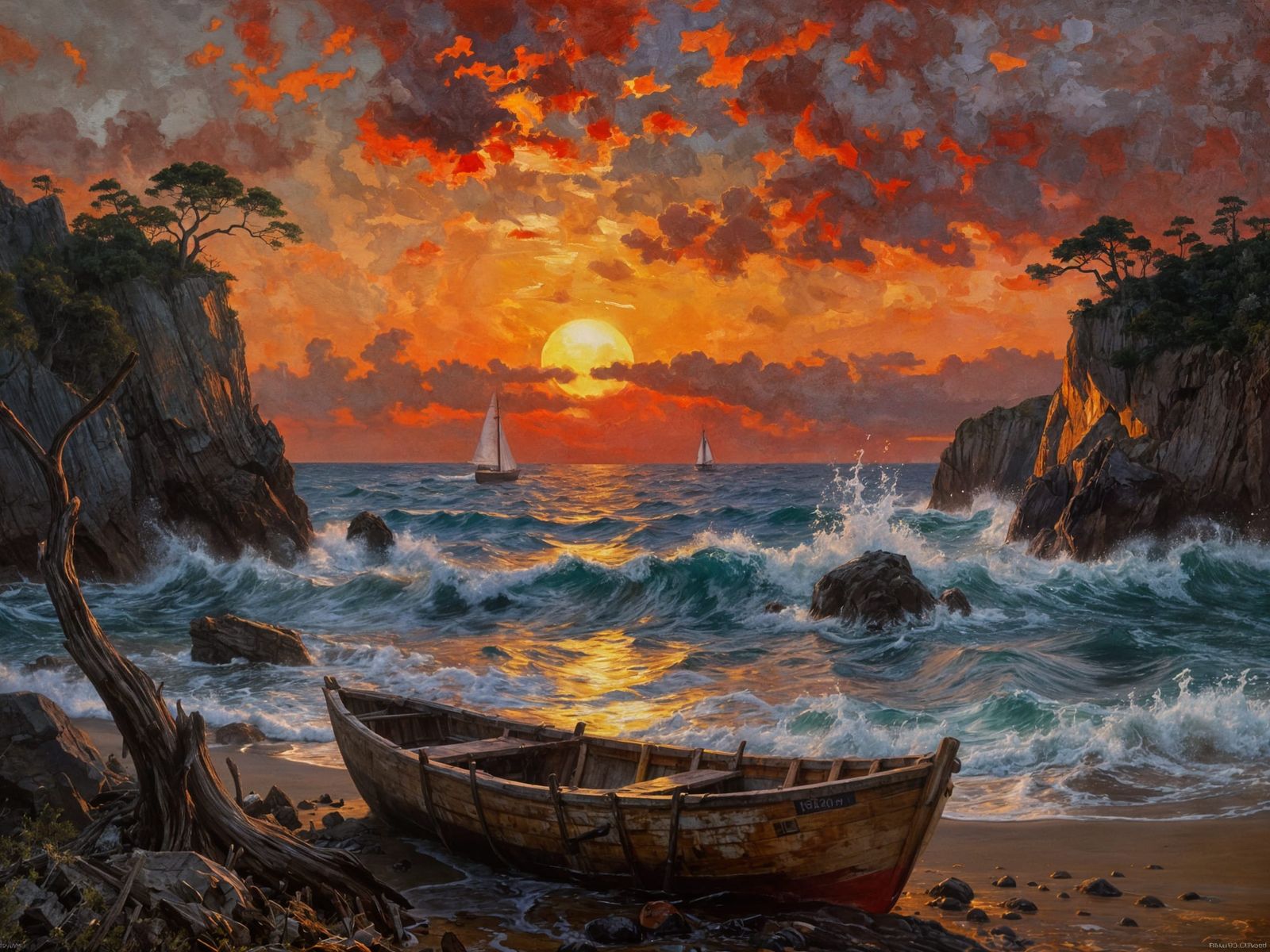 Dramatic Sunset Seascape Oil Painting with Sailboats