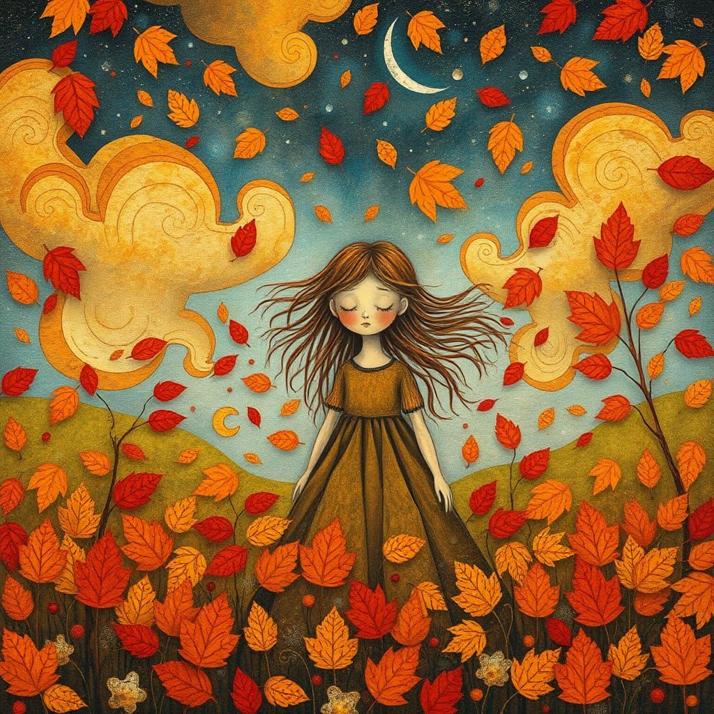 Girl in Autumn Landscape, Naive Folk-Art Style