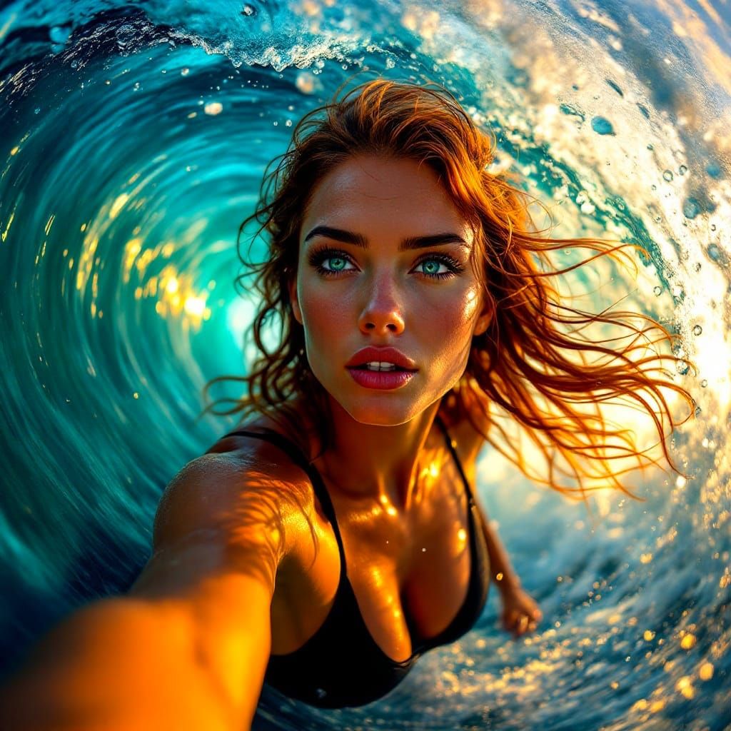 Surreal Ocean Goddess Rides Electric Blue Wave