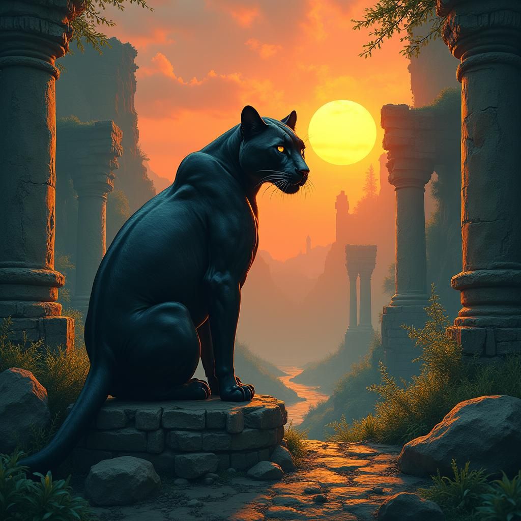 Panther in Ancient Ruins: A Matte Painting