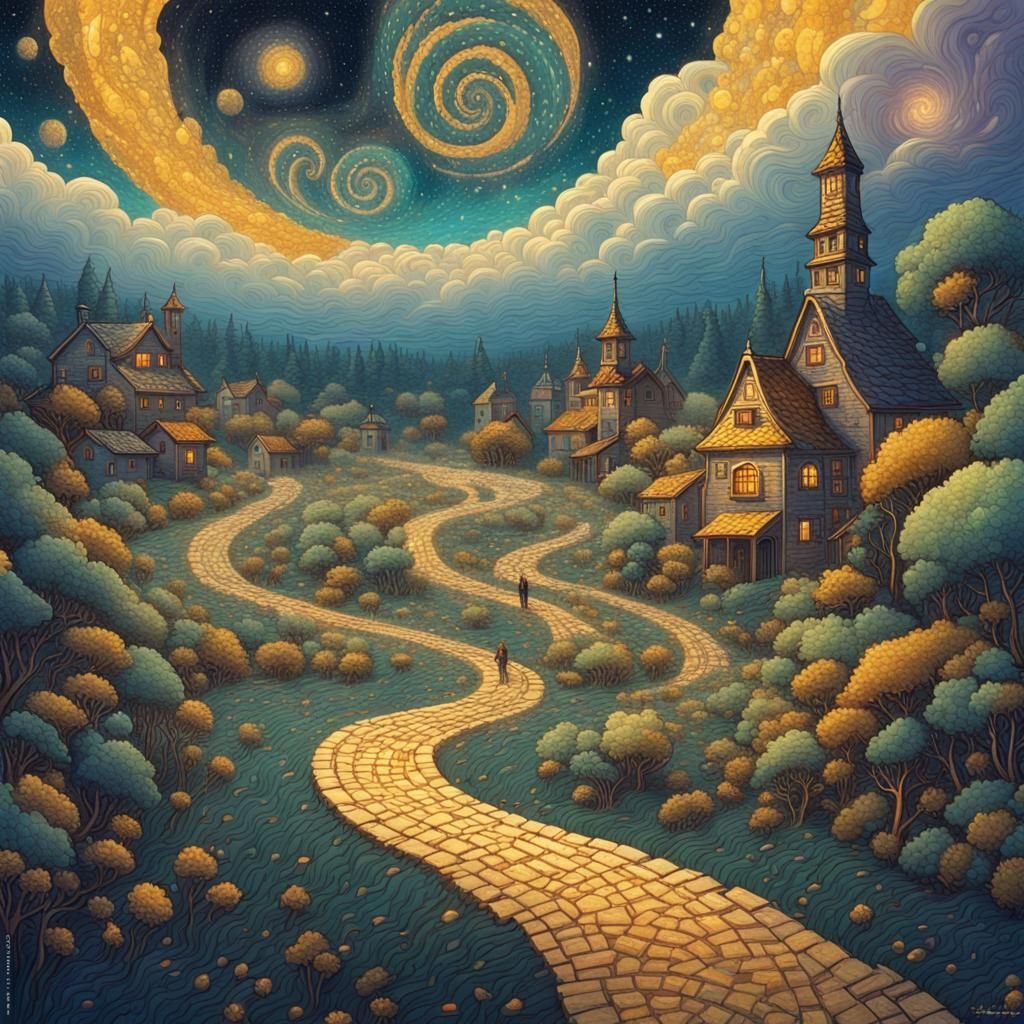 Whimsical Path to Hidden Village in Sci-Fi Style
