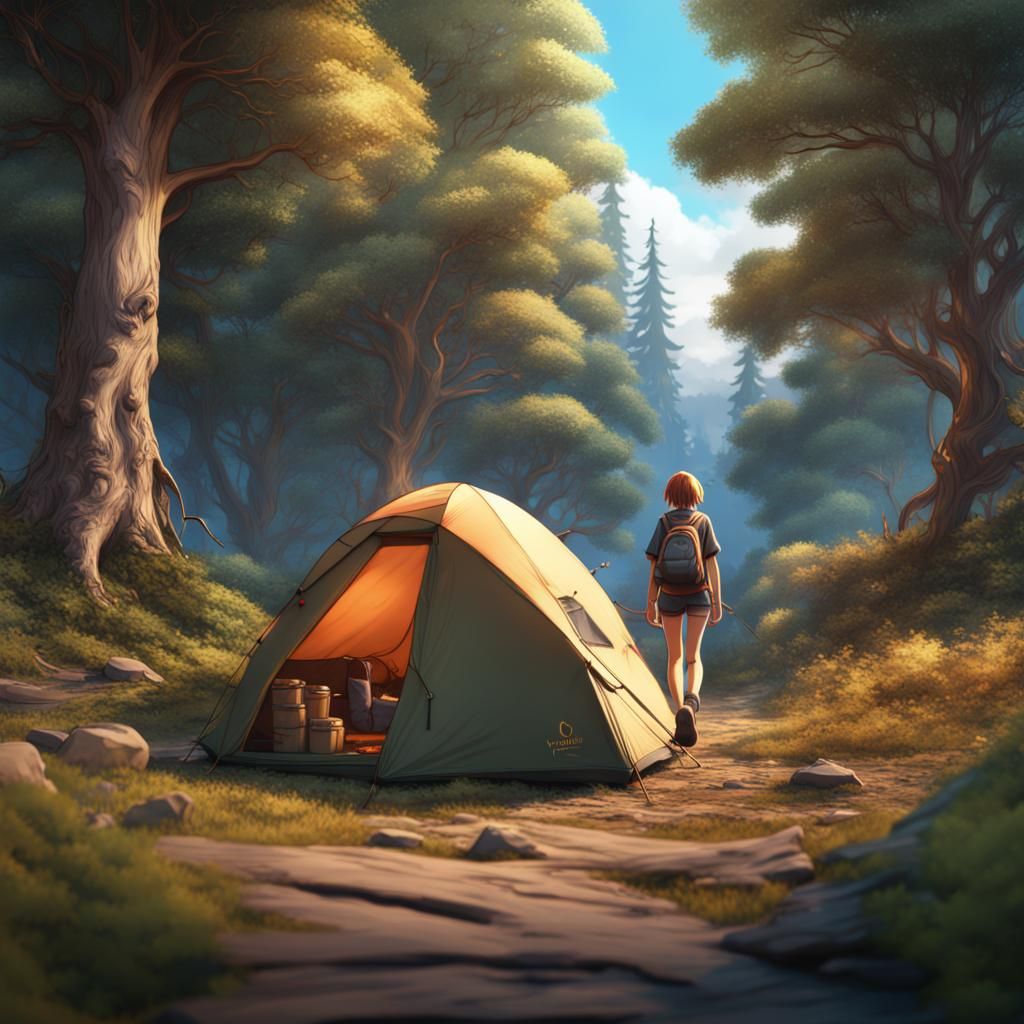 Anime Teenager Camping: Detailed Matte Painting