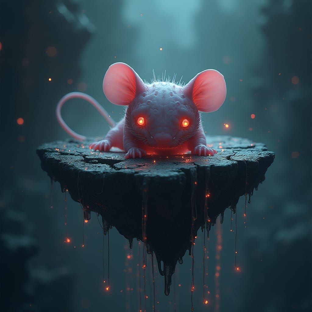 Surreal Biomechanical Chibi Mouse Emerges from Obsidian Isla...