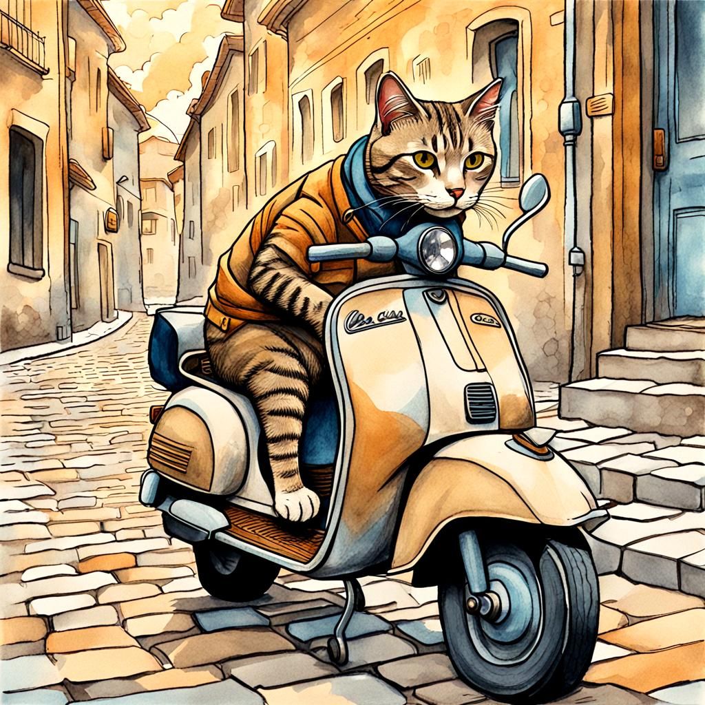 Cat Humanoid on Vespa: Mixed Media Illustration