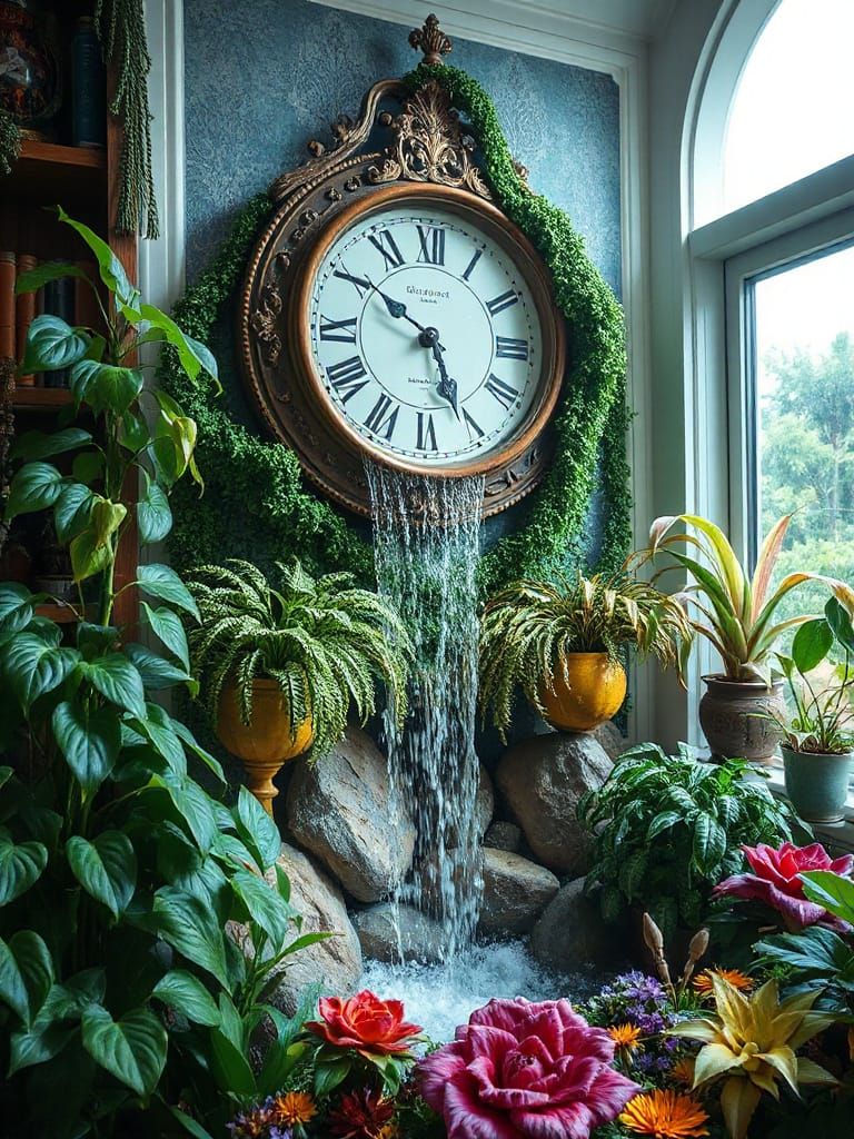 waterfall flowing from a wall clock,