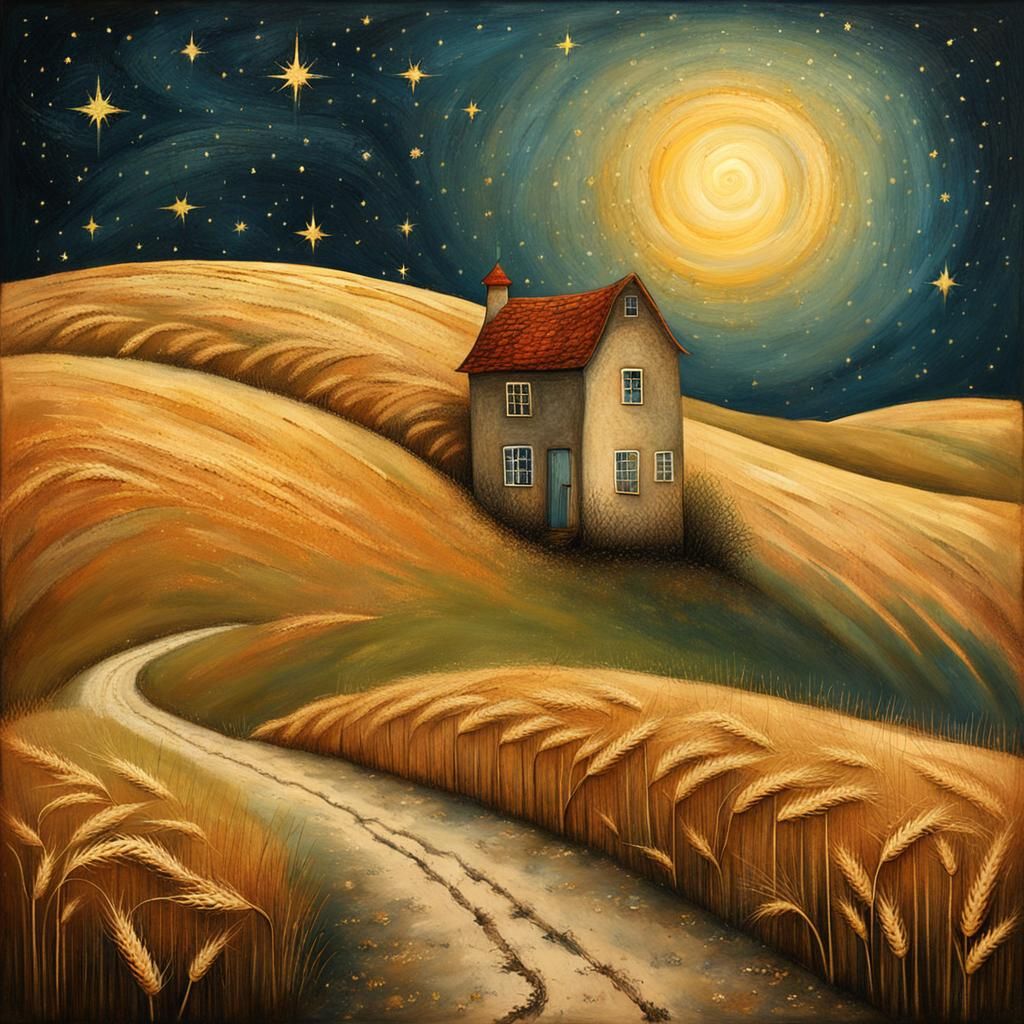 Whimsical Folk Art Landscape with Starry Night