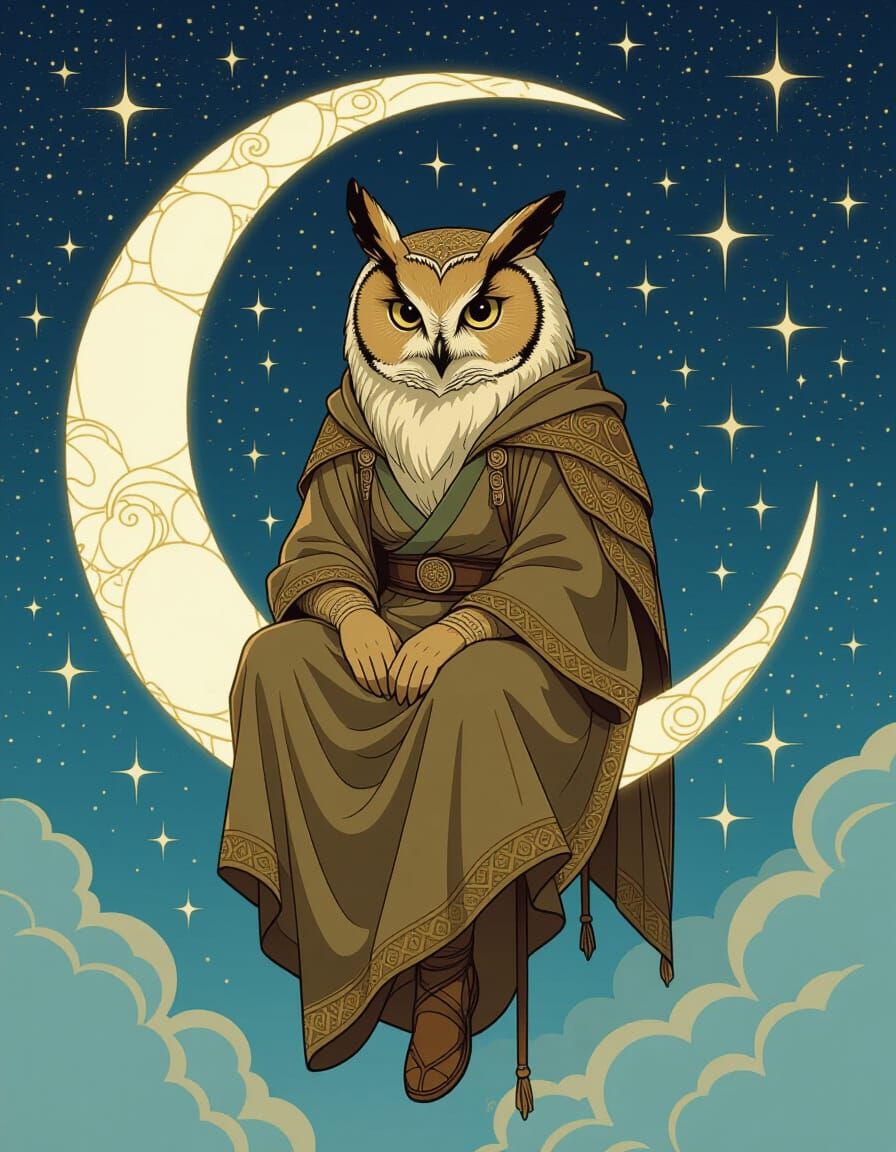 Wise Owl in Crescent Moon: Mystical Night Sky