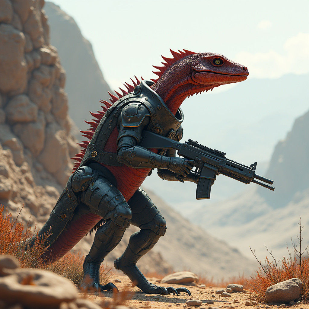 Futuristic Komodo Dragon Warrior in Desert Landscape