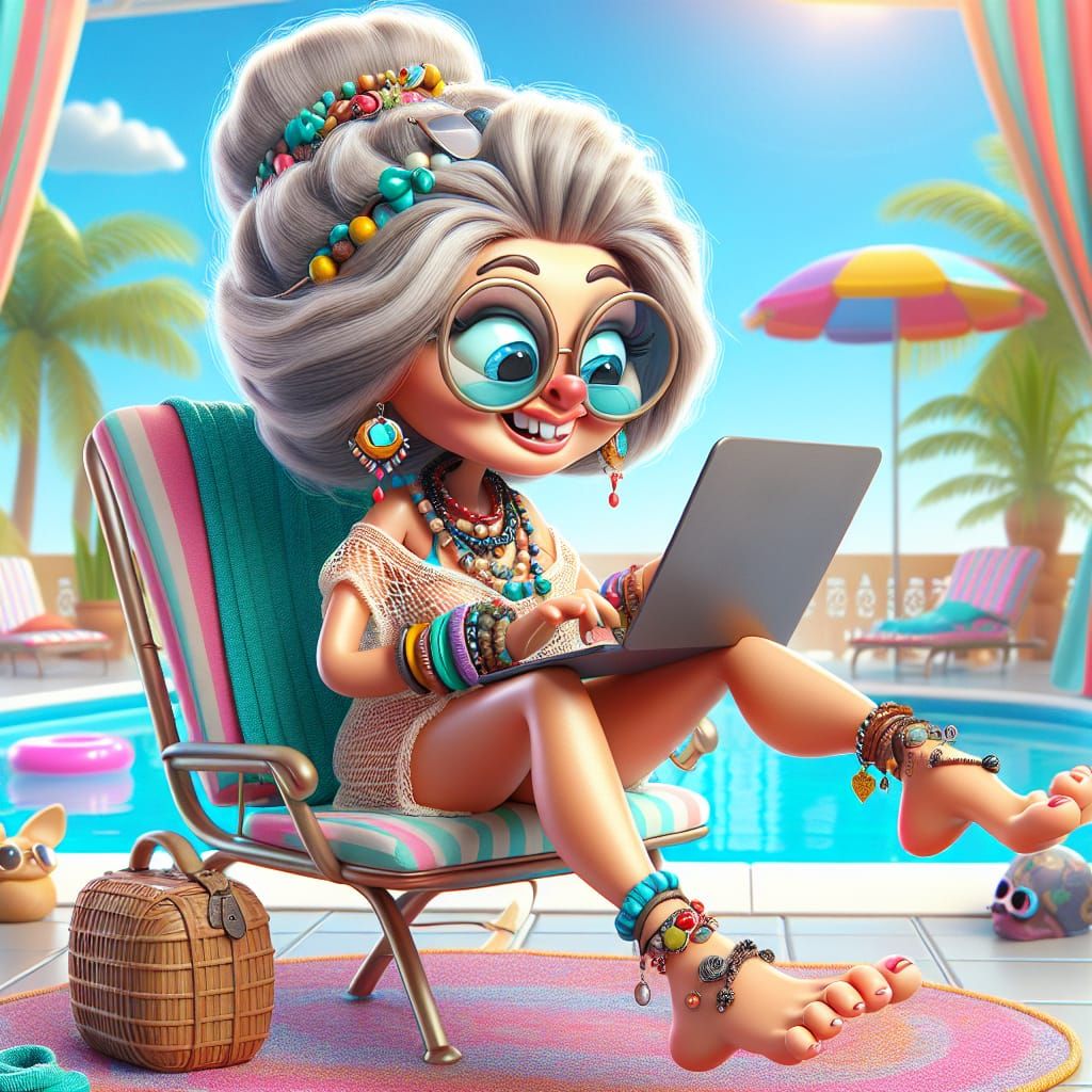 Exotic Woman Enjoys Poolside Laptop Moment in Whimsical Cart...