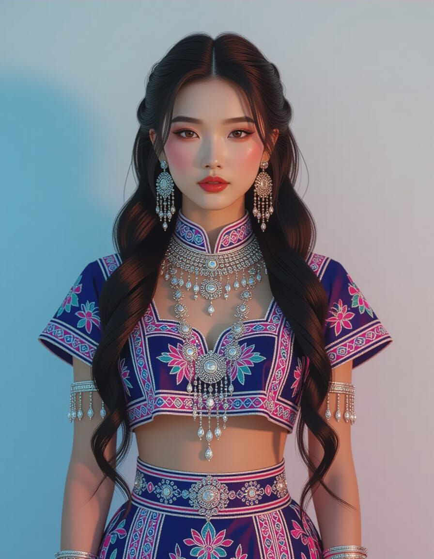 Hmong Woman in Traditional Dress with Glitch Art Style