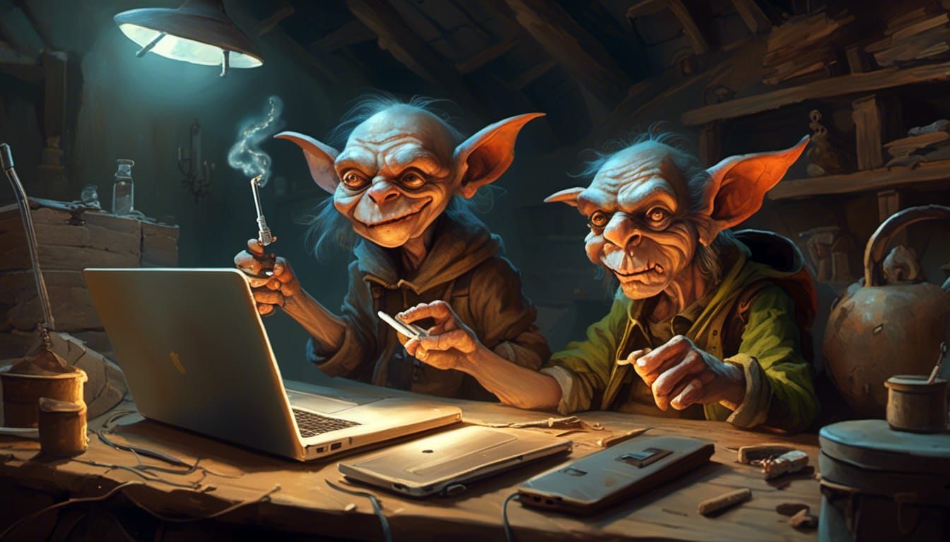 Goblin with Macbook and E-Cig in Basement