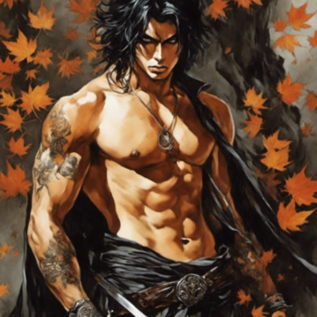 Samurai Portrait in Anime Style with Autumn Leaves