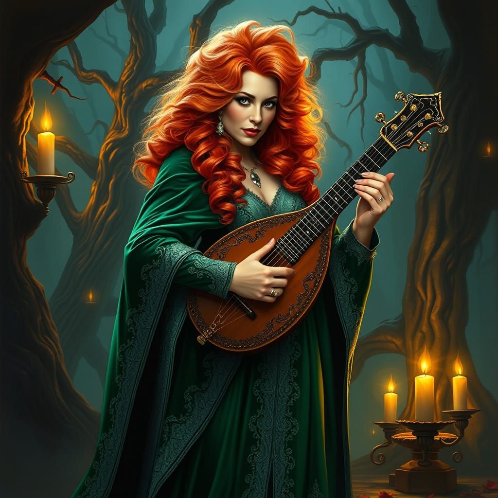 Emerald Goddess of Mythical Realism Plays Lute in Candlelit...