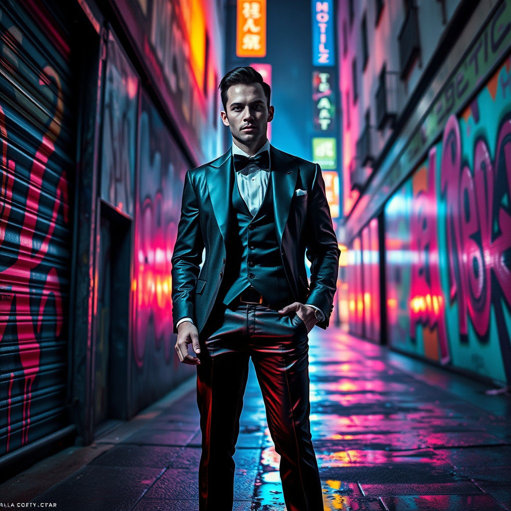 Handsome Man in Surreal Graffiti Alleyway Art