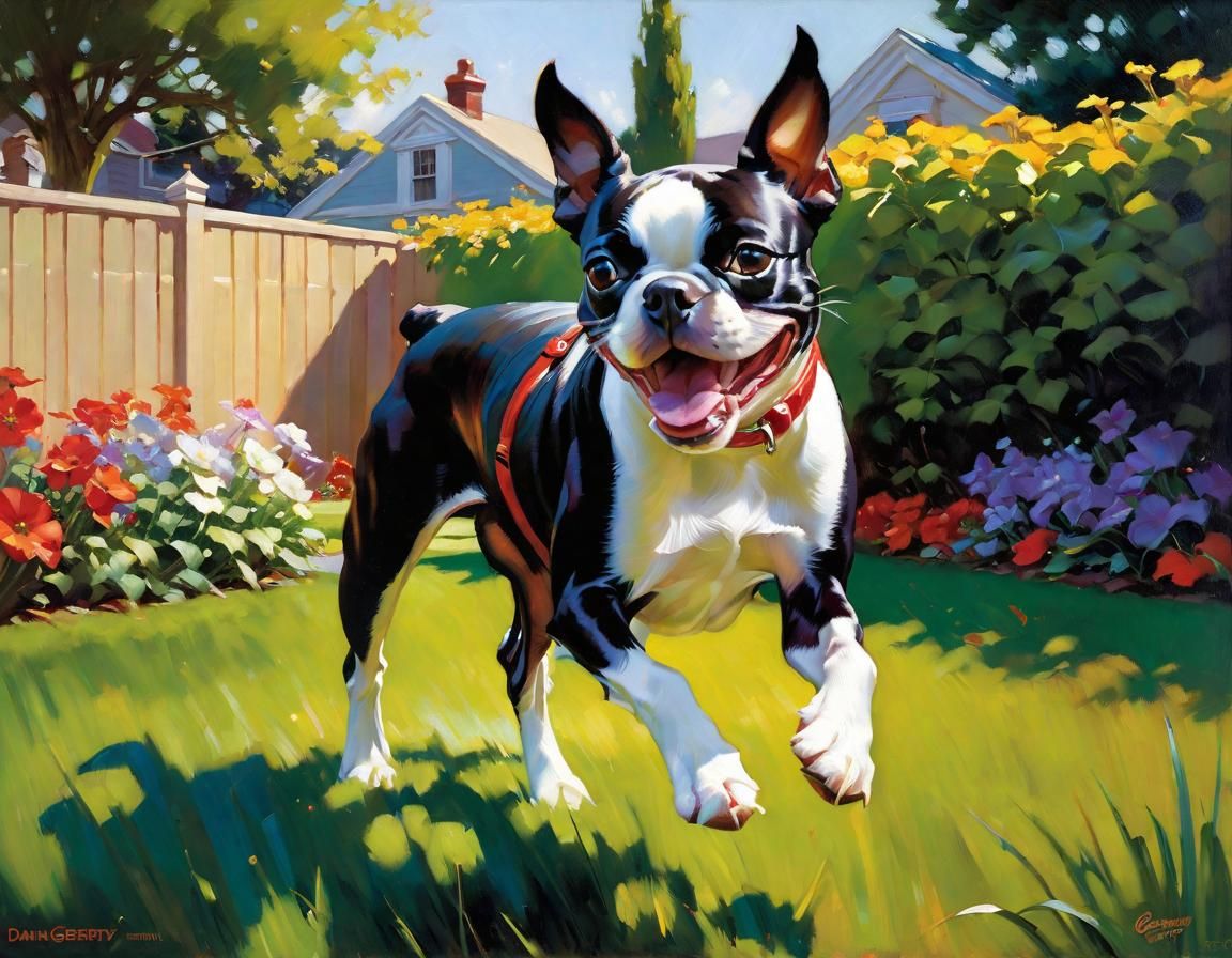 Boston Terrier Runs in Yard: Oil Painting