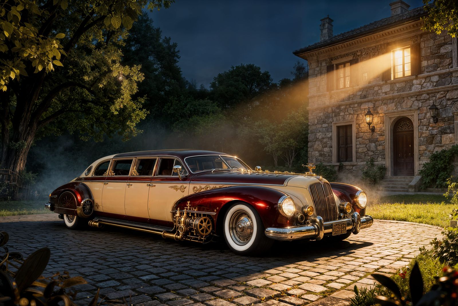 Steampunk 1948 Limousine in Early Morning Mist