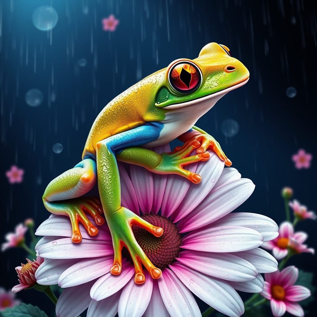 Hyperrealistic Frog Embarks on a Rainy Floral Adventure in S...