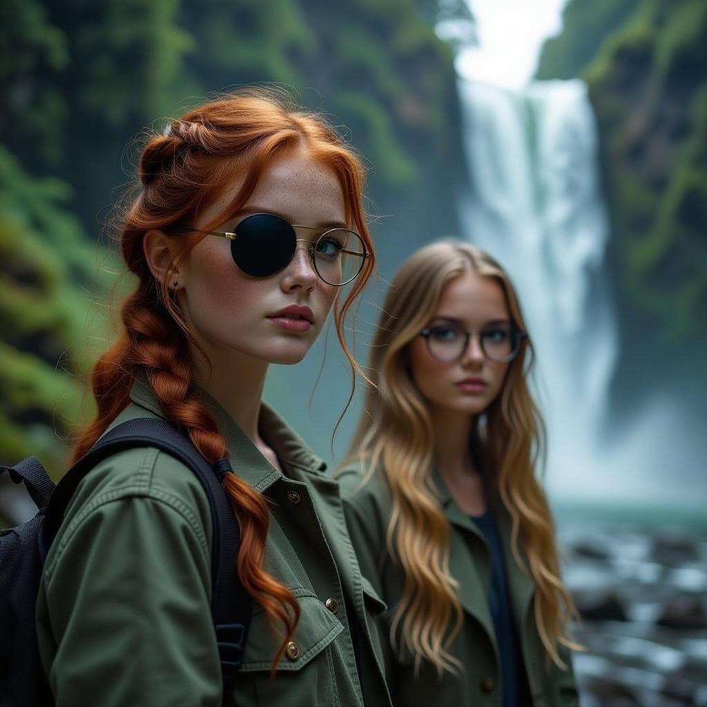 Teen Girl with Patch and Glasses Near Waterfall