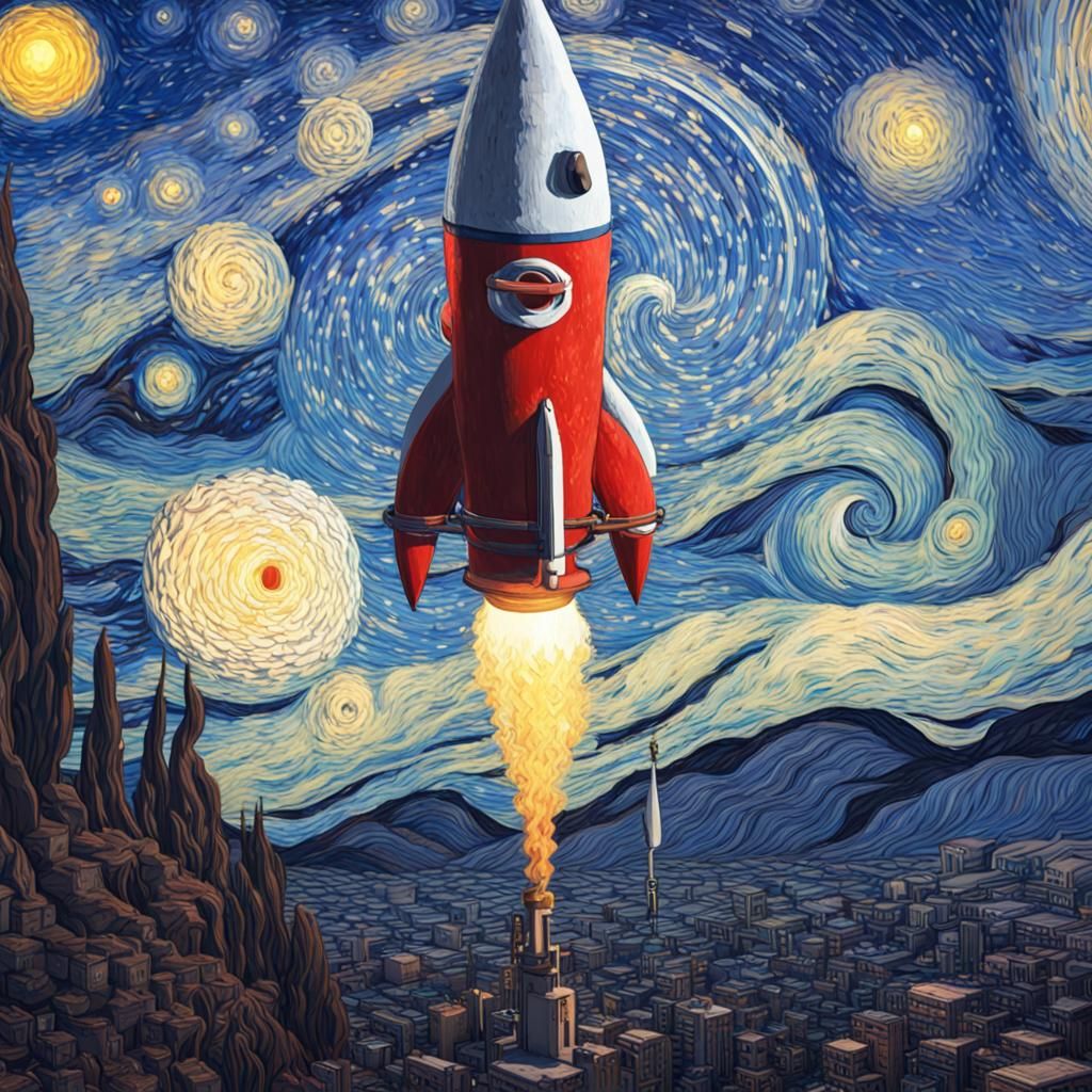 3D Starry Night with Red Rocket, Unreal Engine