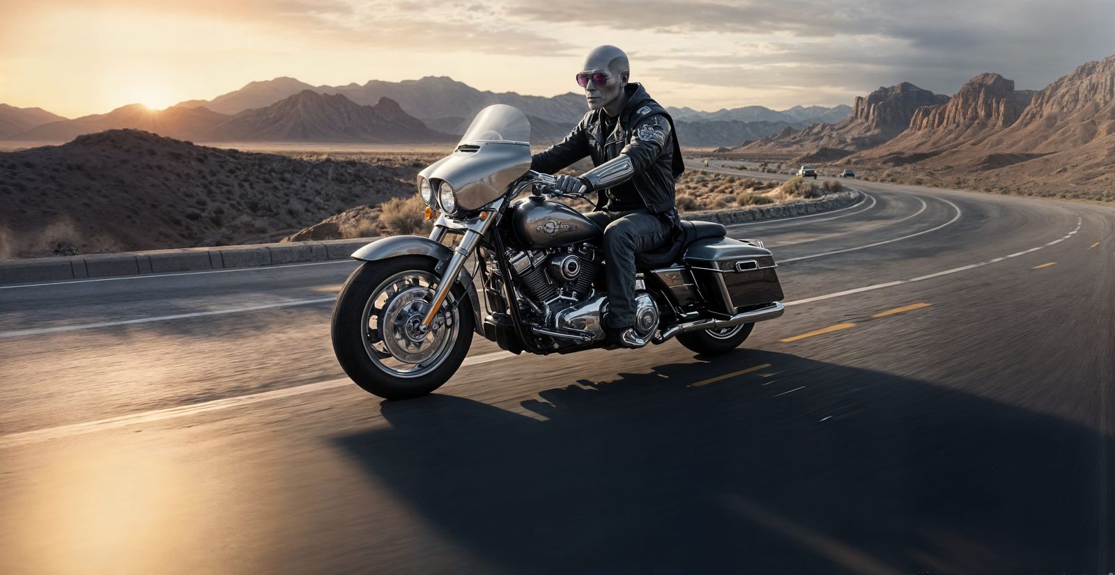 Alien Rides Harley Davidson on Nevada Highway in Photorealis...