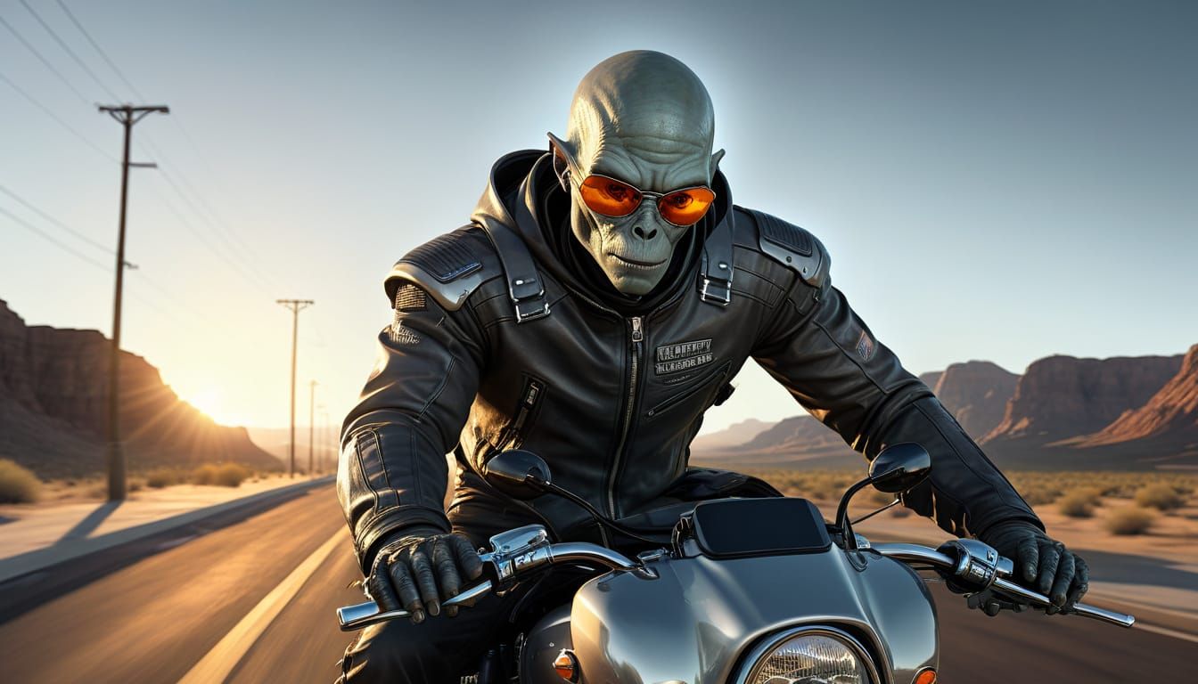 Alien on Harley Davidson on Nevada Highway