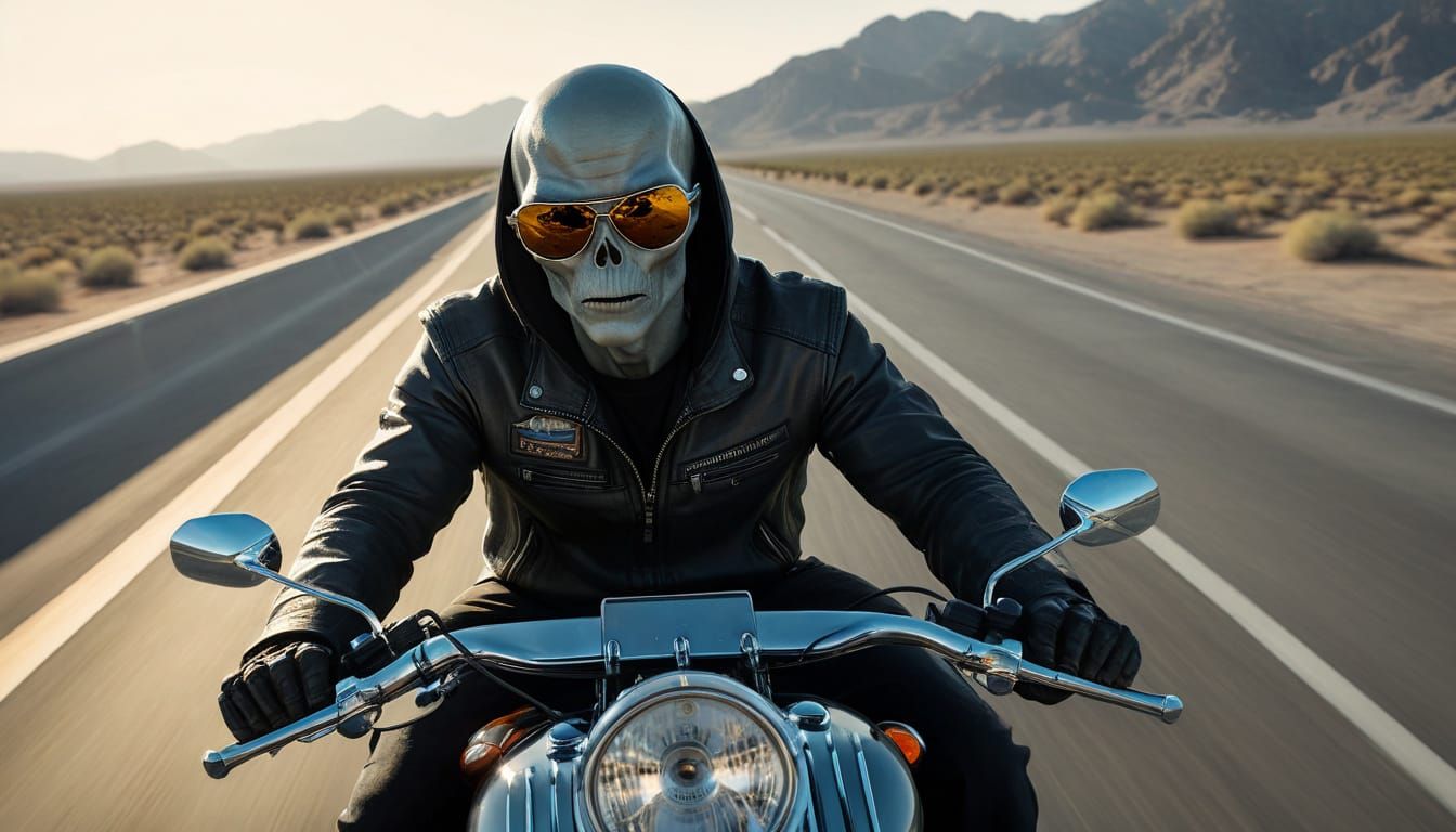 Alien Rider on Harley Davidson in Golden Hour Nevada
