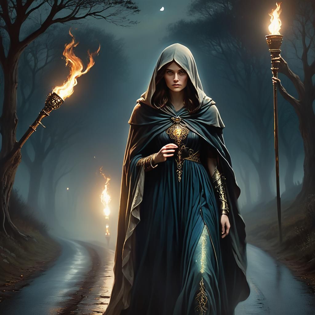 Mystical Woman Walks Moonlit Road in Dark Fantasy