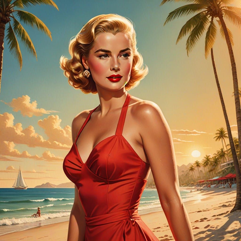 Elegant Retro Pin-Up Beauty on a Sunny Beach