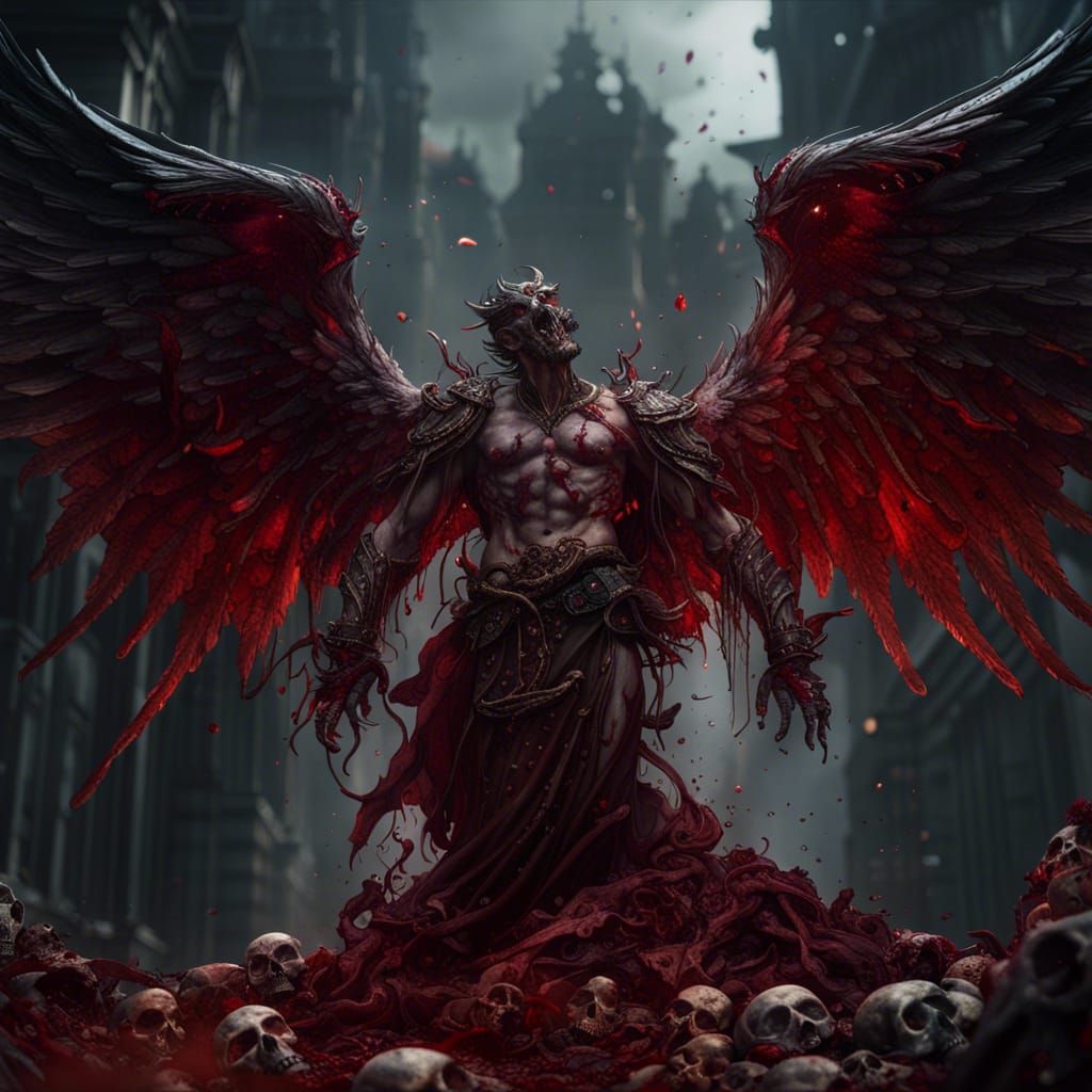 Bloody Fallen Angel in Apocalyptic Scene