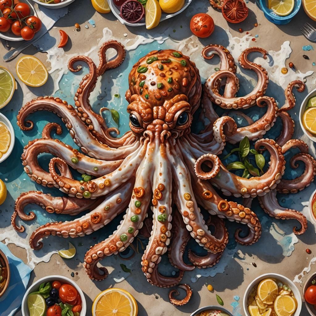 Grilled Octopus on a Greek Beach: Hyperrealistic Art
