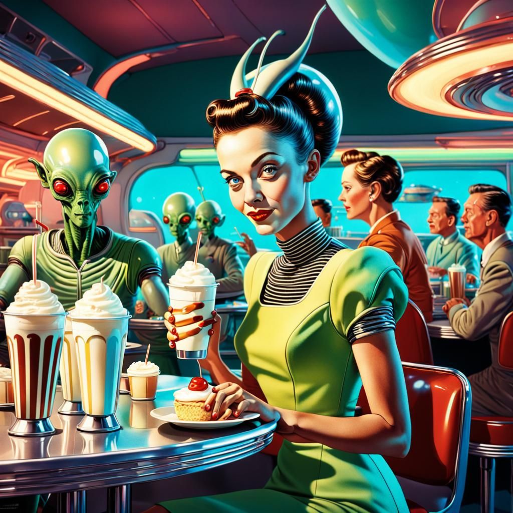 Intergalactic Diner Scene in Retro-Futuristic Style