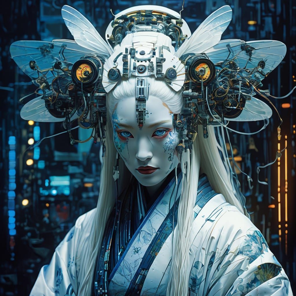 Stunning Otherworldly Android Geisha in Rich Silver Sunset H...