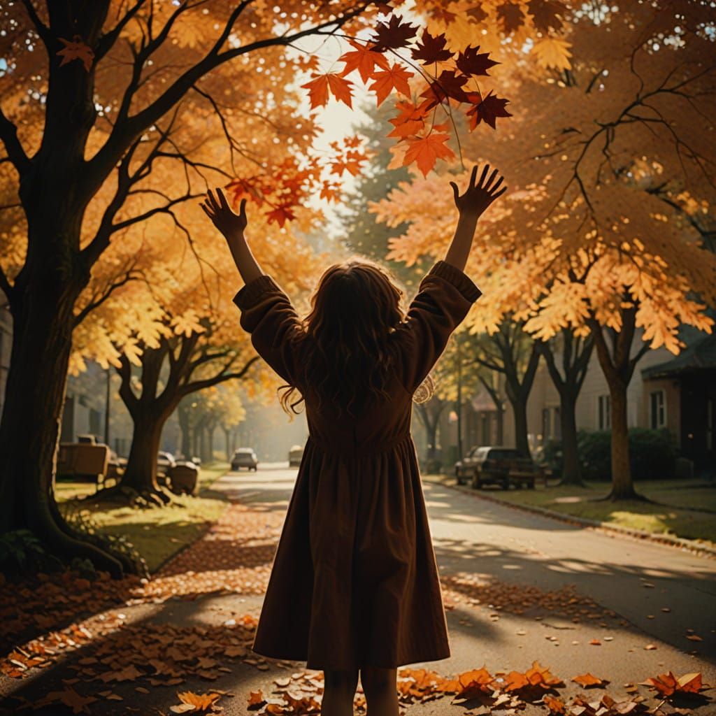 Little Girl Reaches for a Golden Maple Leaf